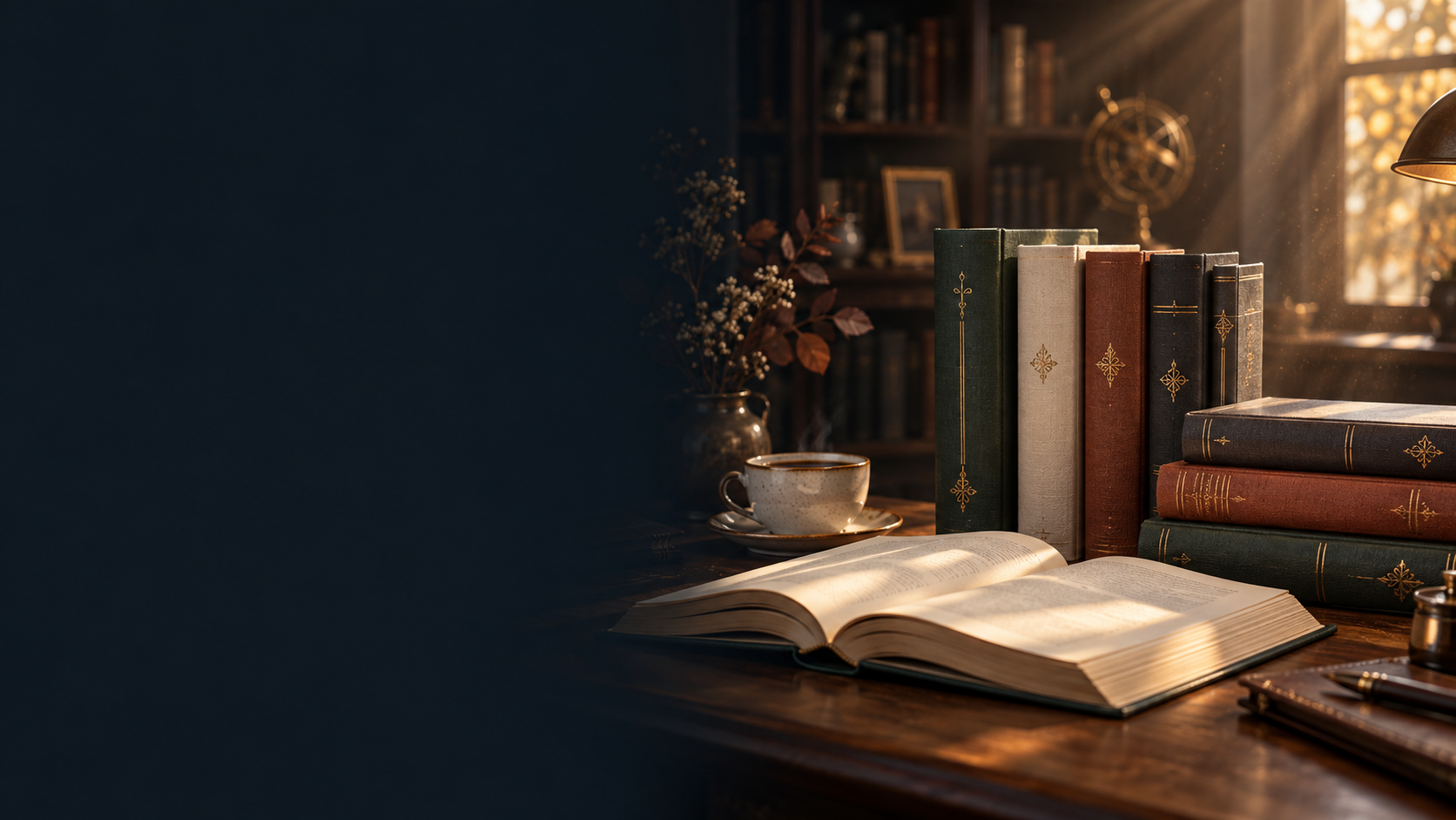 Gün ışığında kitaplar, açık bir kitap ve kahve fincanı
